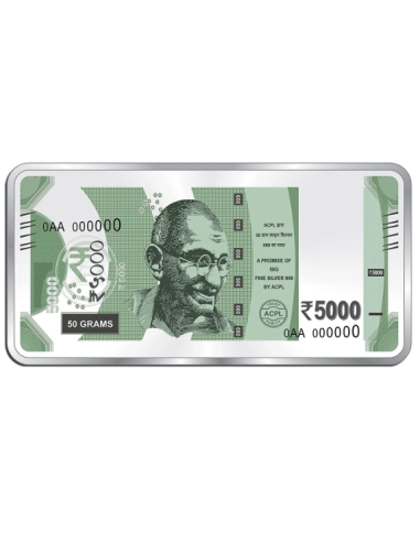 Precious Moments BIS Hallmarked 50 Gram Silver Currency Bar Rs.5000 in 999 Purity / Fineness by ACPL