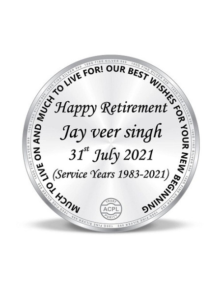 Precious Moments Personalised BIS Hallmarked Retirement Day Silver Coin Of 50 Gram in 999 Purity Fineness