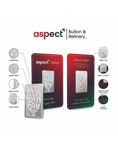 Aspect Bullion Happy Birthday Silver Bar Of 100 Grams in 24 Karat 999