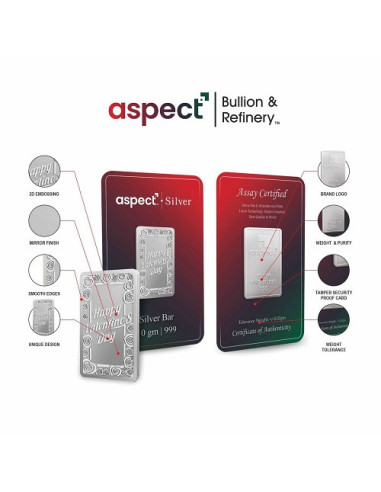 Aspect Bullion Happy Valentine Day Silver Bar Of 5 Grams in 24 Karat 999 Purity / Fineness