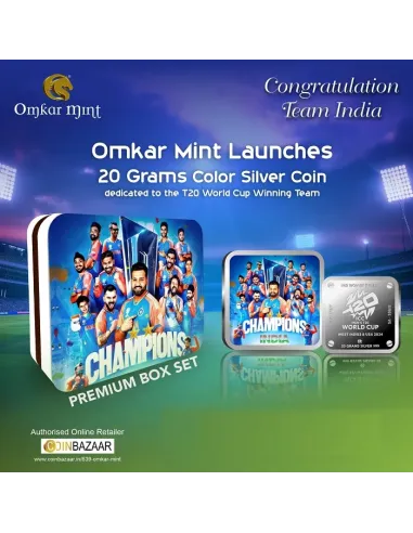 Omkar Mint Square T20 World Cup Color Silver Coin Of 20 Grams in 999 P