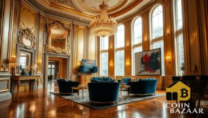 Luxury property, interiors with gold / platinum accents — gold-accented architecture, art interiors